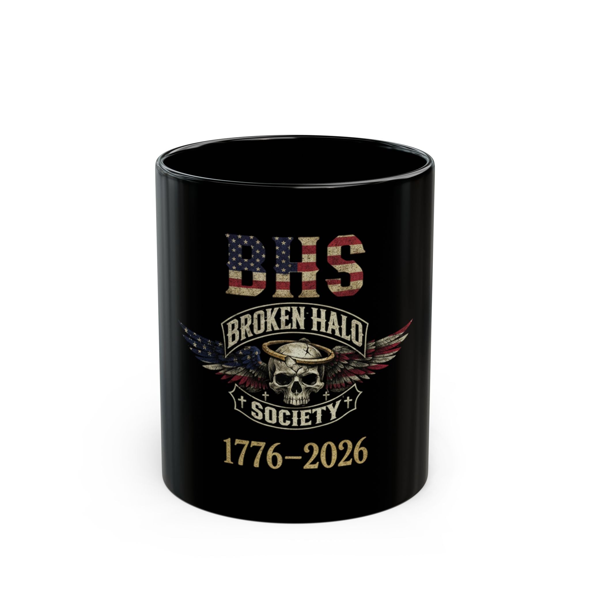 Broken Halo Society Skull Flag Mug – 11oz/15oz Patriotic Memorial Coffee Cup (1776–2026)