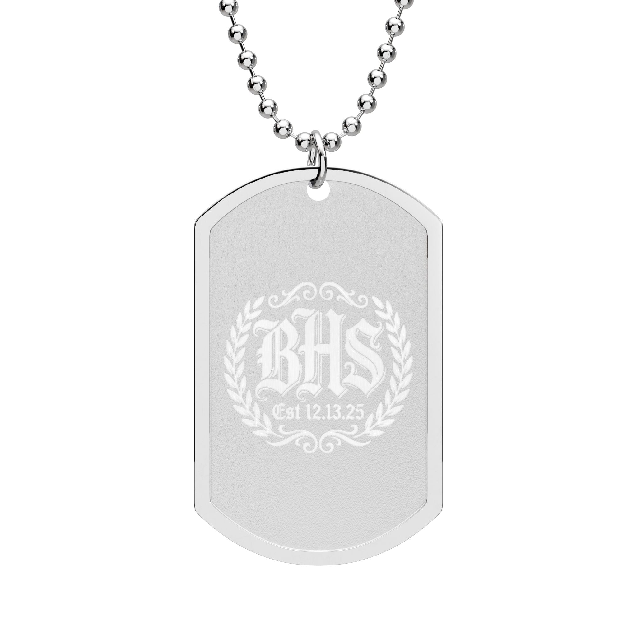 Personalized Dog Tag Necklace — Monogram BHS Crest Design on Silver Chain